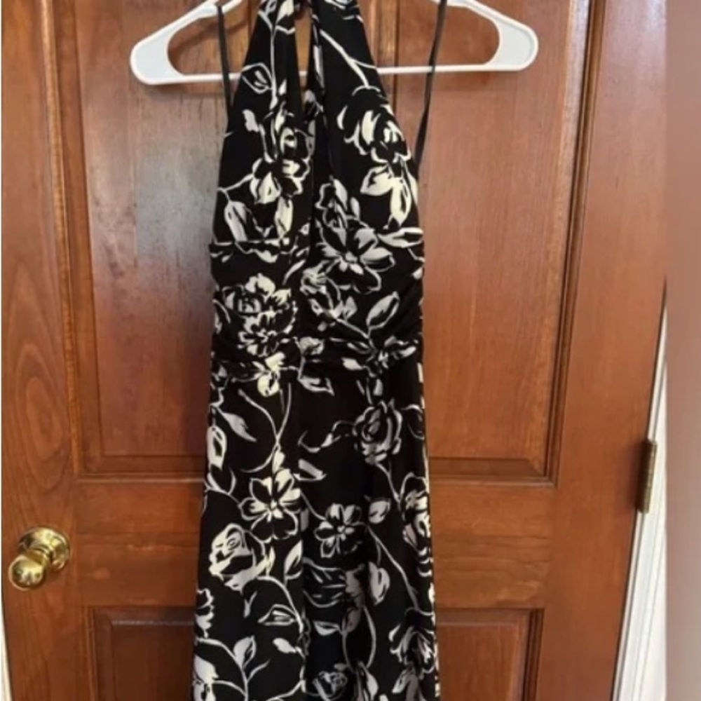 Elegant Black and White Floral Halter Dress
